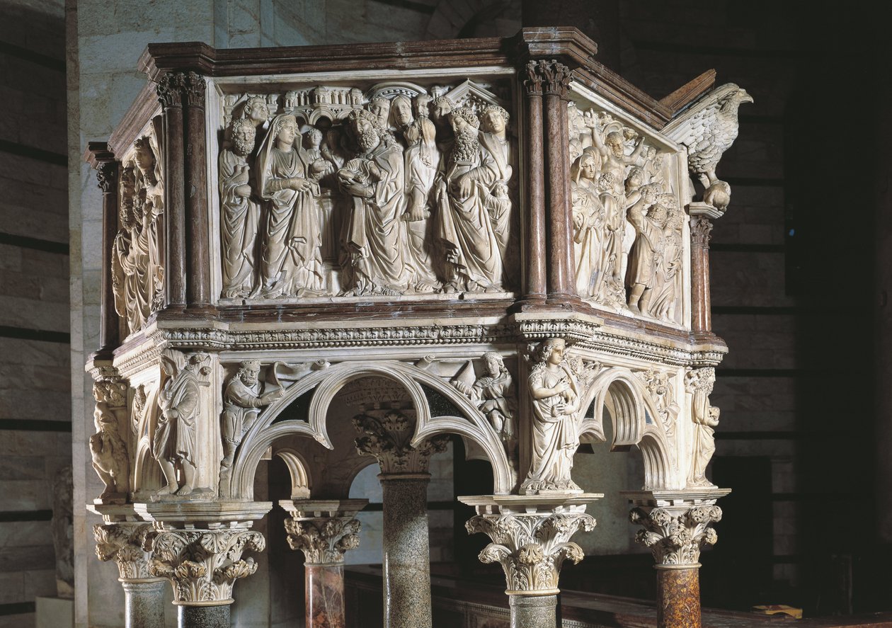 Italien, Toscana, Pisa, Piazza dei Miracoli, Johannes dop, predikstol av Nicola Pisano av Nicola Pisano