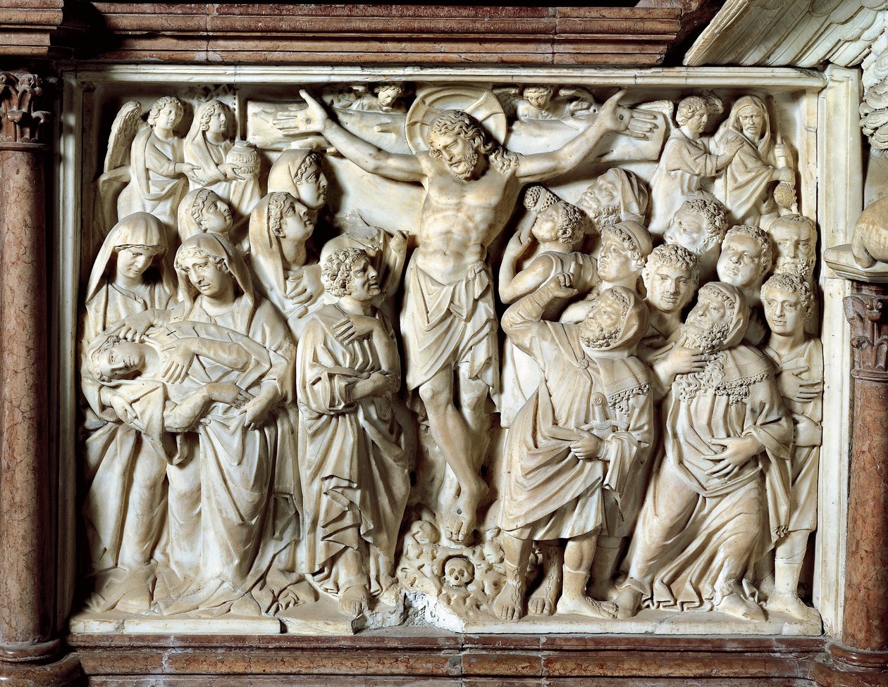 Italien, Toscana, Pisa, Piazza dei Miracoli, katedral, marmorpredikstol, panel med korsfästelse av Giovanni Pisano av Nicola Pisano