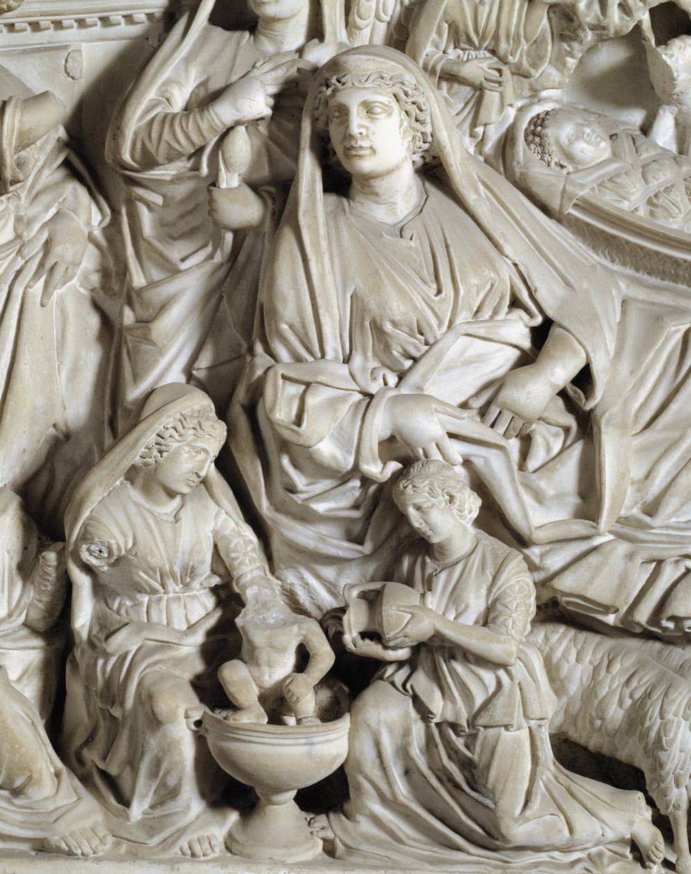 La nativite (nativity) Detaljstol realiserad av Nicola Pisano (1215 / 20-1278 / 84) (Marmorpredikstol) 1260 Baptistere Saint John of Pisa (Battistero san Giovanni di Pisa), Italien av Nicola Pisano