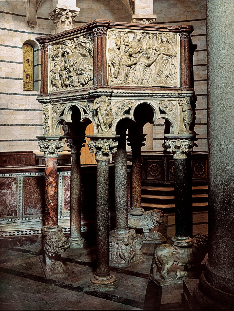 Marmorpredikstol i en kyrka, i Baptisteriet i Pisa 1260 (låg relief) av Nicola Pisano