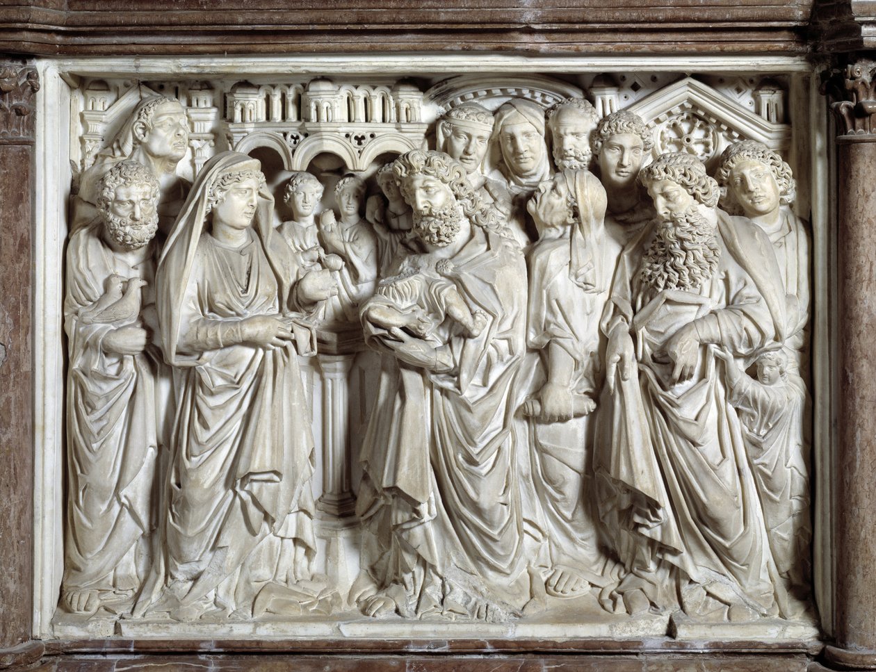 Presentation av Jesus till templet (Presentation av Jesus till templet) Stol realiserad av Nicola Pisano (1215/20-1278/84) (Marmorpredikstol) 1260 Baptistere Saint John of Pisa (Battistero san Giovanni di Pisa), Italien av Nicola Pisano