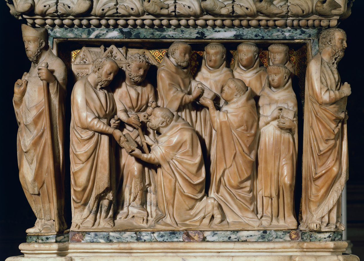 Apostlarna Petrus och Paulus framträder för Saint Dominic, dekorativ relief från Arca di San Domenico, av Nicola Pisano och hans verkstad, marmor, San Domenicos kapell, San Domenico basilikan, Bologna, Emilia-Romagna, Italien av Nicola Pisano