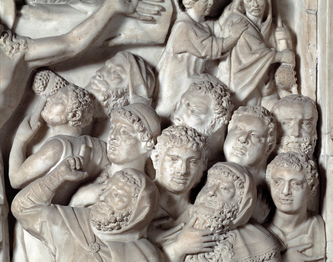 The Crucifixion Detail Chair realiserad av Nicola Pisano (1215 / 20-1278 / 84) (Marmorpredikstol) 1260 Baptistere Saint John of Pisa (Battistero san Giovanni di Pisa), Italien av Nicola Pisano