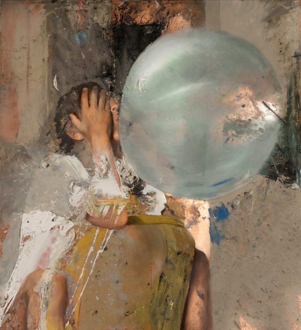 Bubble VI (sittande flicka), 2020 (olja på koppar) av Nicola Pucci