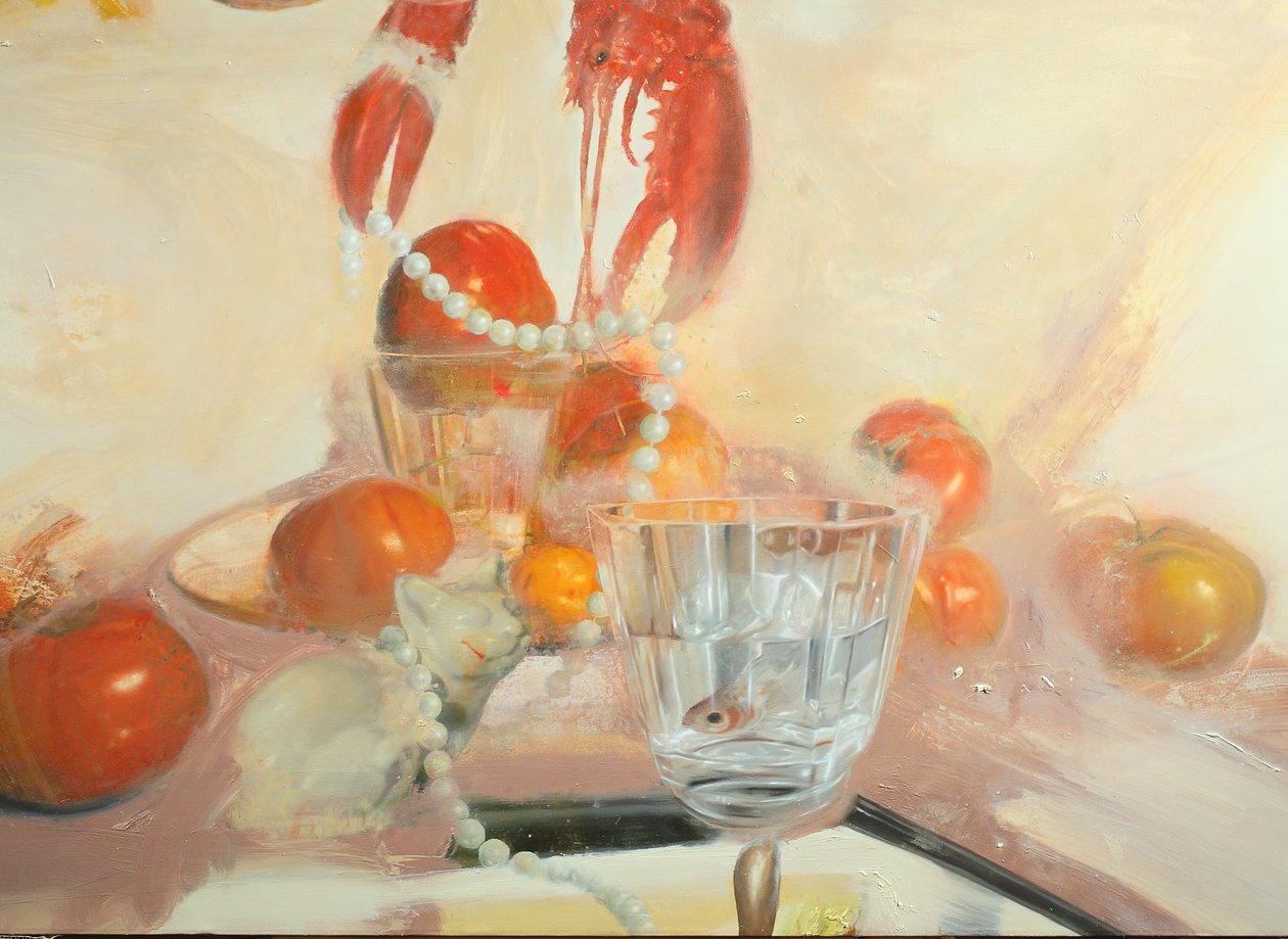 Katt med fisk, 2011 (olja på duk) av Nicola Pucci