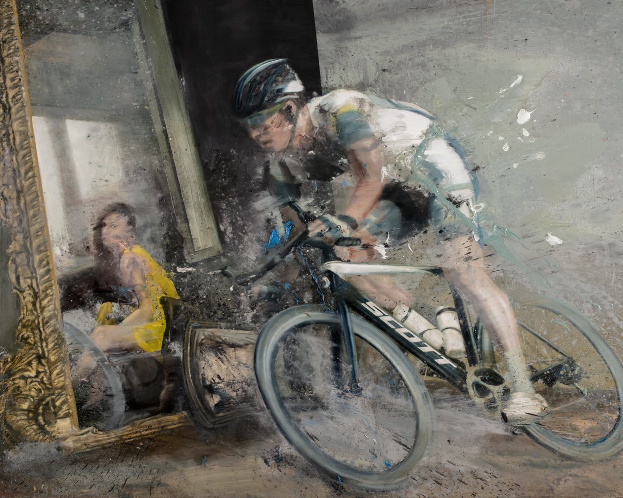 Cyklist med spegel, 2021 (olja på duk) av Nicola Pucci