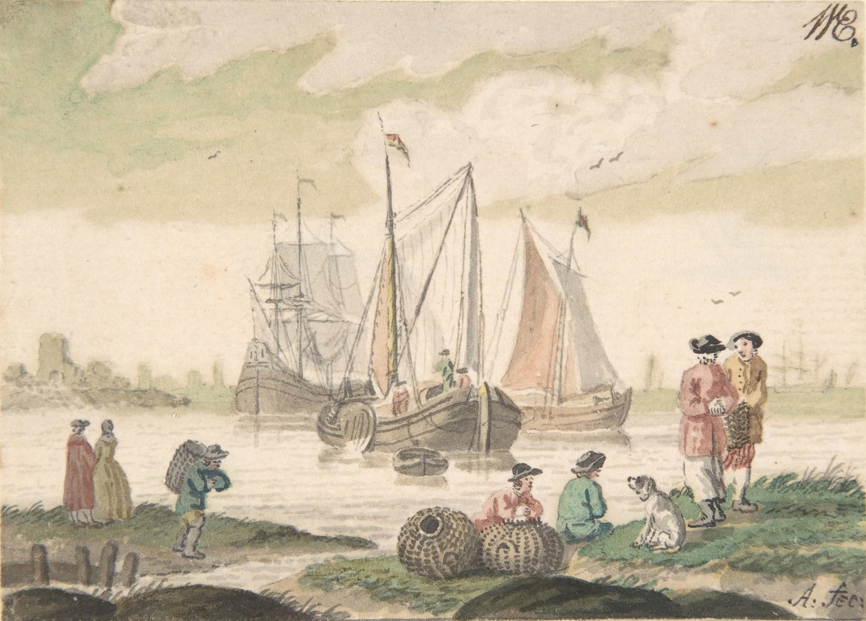 Havslandskap med sju figurer och en hund, 1733-93. av Nicolaas Aartman