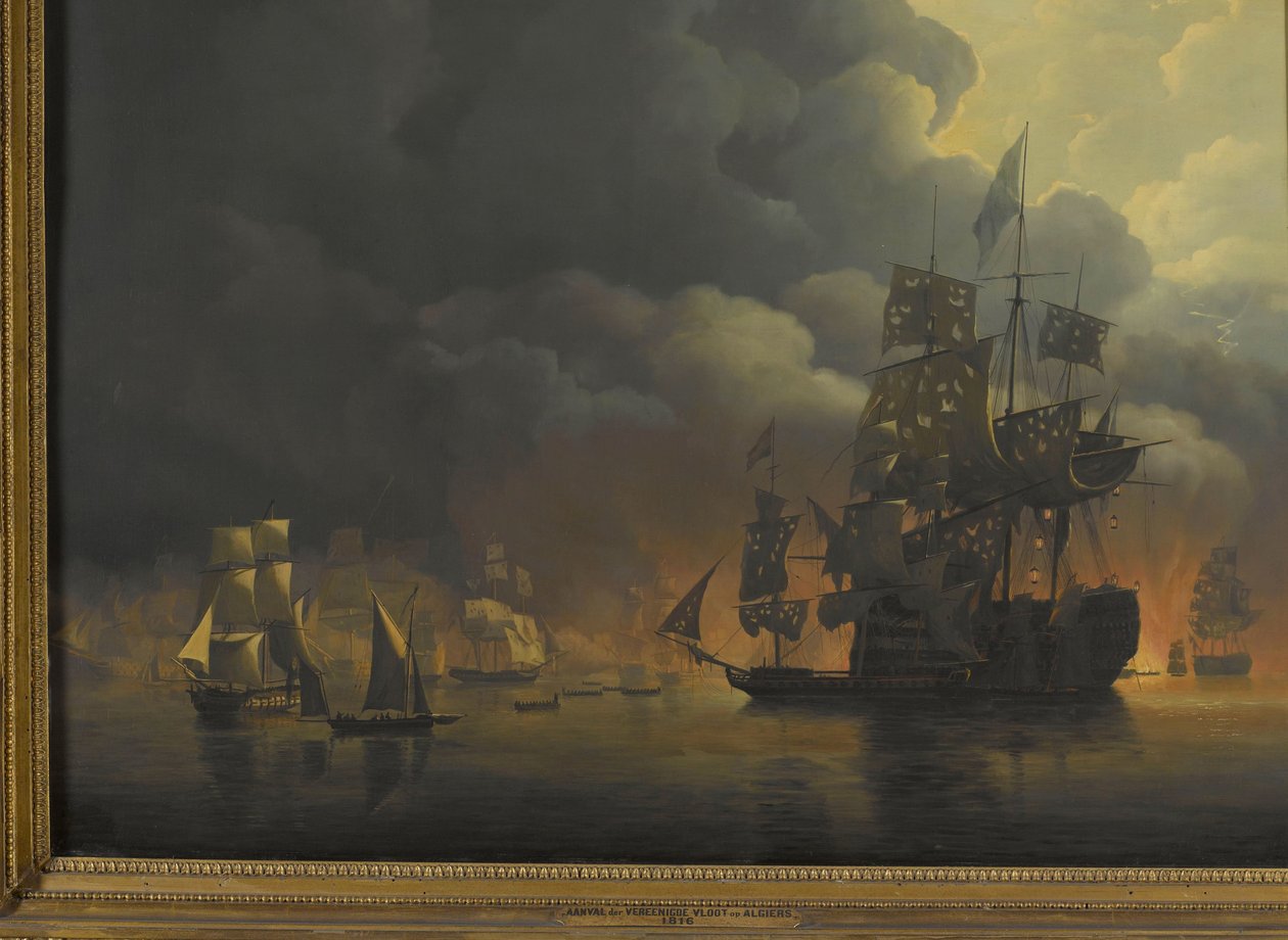 Den anglo-holländska flottan under Lord Exmouth och viceamiral Jonkheer Theodorus Frederik van Capellen släcker de algeriska fästena, 27 augusti 1816 Fyra avsnitt under närvaron av den anglo-holländska flottan i Algerbukten, 26 till 27 augusti 1816 av Nicolaas Baur