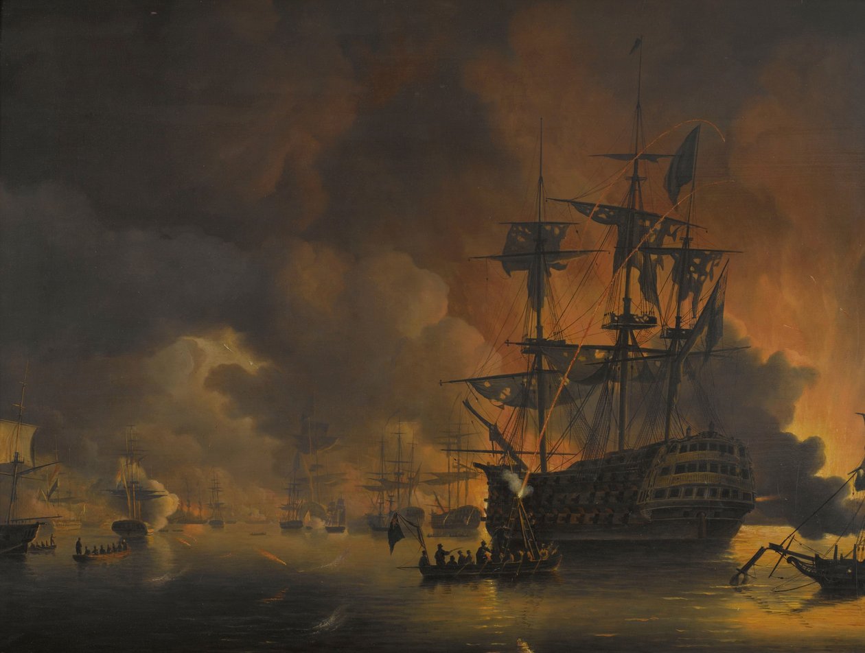 Branden på kajerna i Alger, kort efter att den anglo-nederländska flottan började bombardera den 27 augusti 1816 Fyra avsnitt under närvaron av den anglo-holländska flottan i Algerbukten, 26 till 27 augusti 1816 (serietitel) av Nicolaas Baur