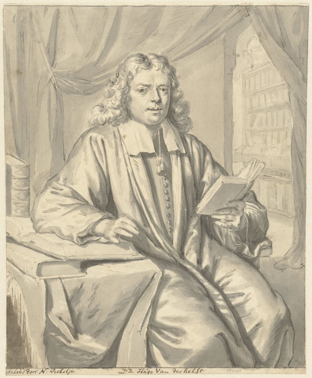 Porträtt av Dr. Hugo van der Helst i ett arbetsrum av Nicolaas Verkolje