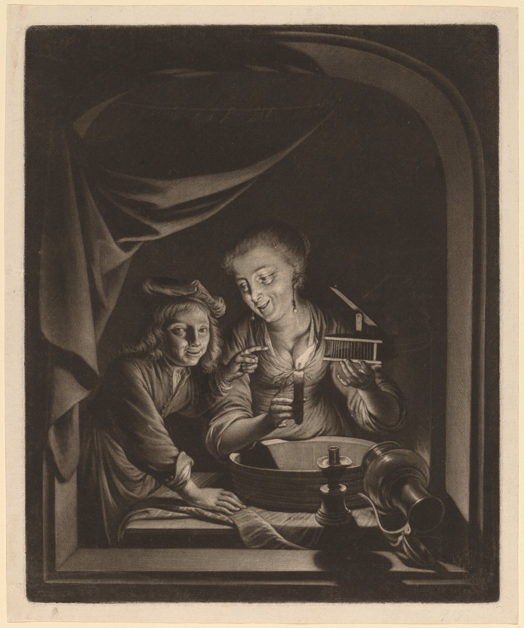 Hembiträde med en musfälla av Nicolaas Verkolje after Gerrit Dou