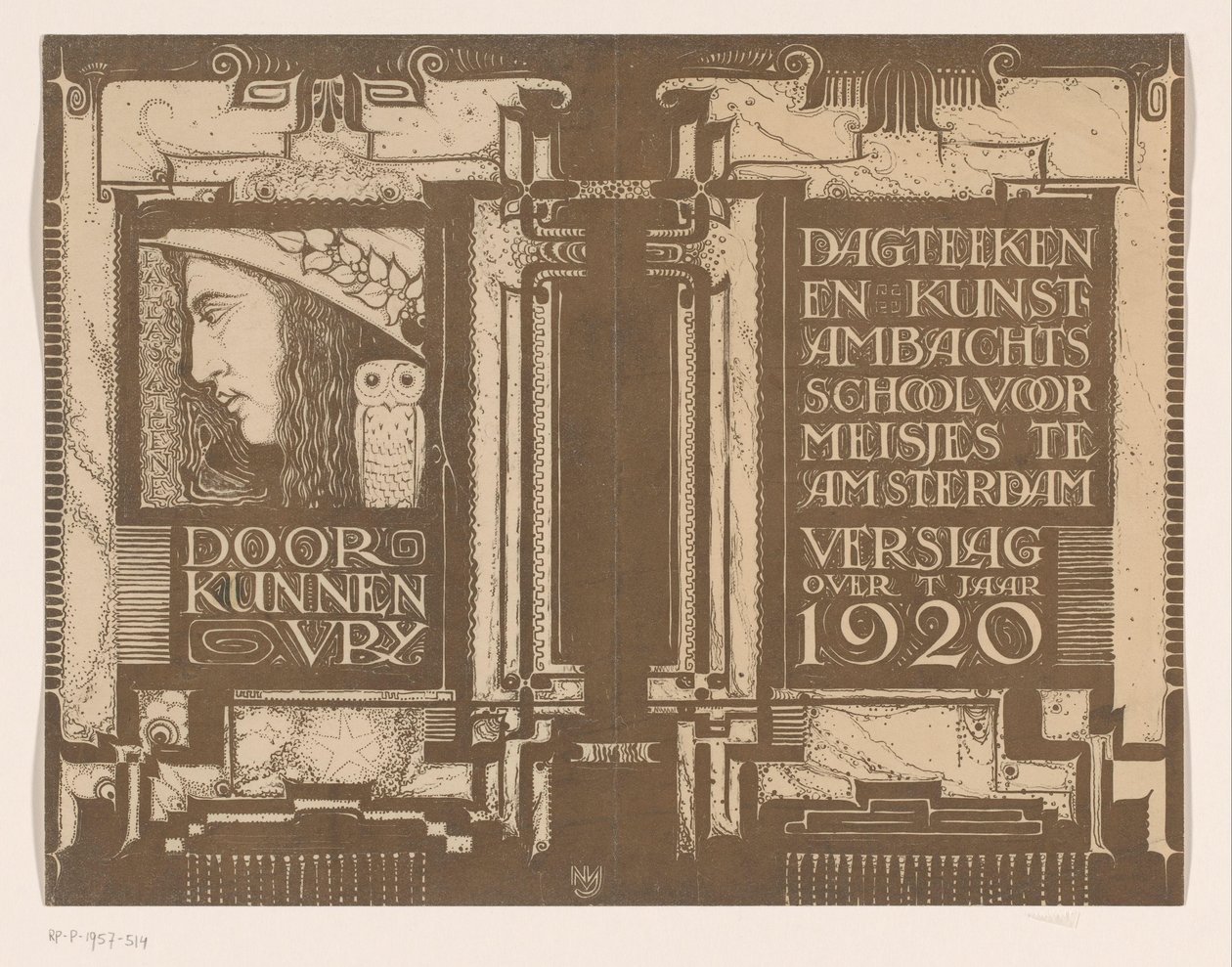 Banddesign för: Dagens rapport för teckning och konsthantverksskola för flickor i Amsterdam omkring år 1920 av Nicolaas van de Vecht