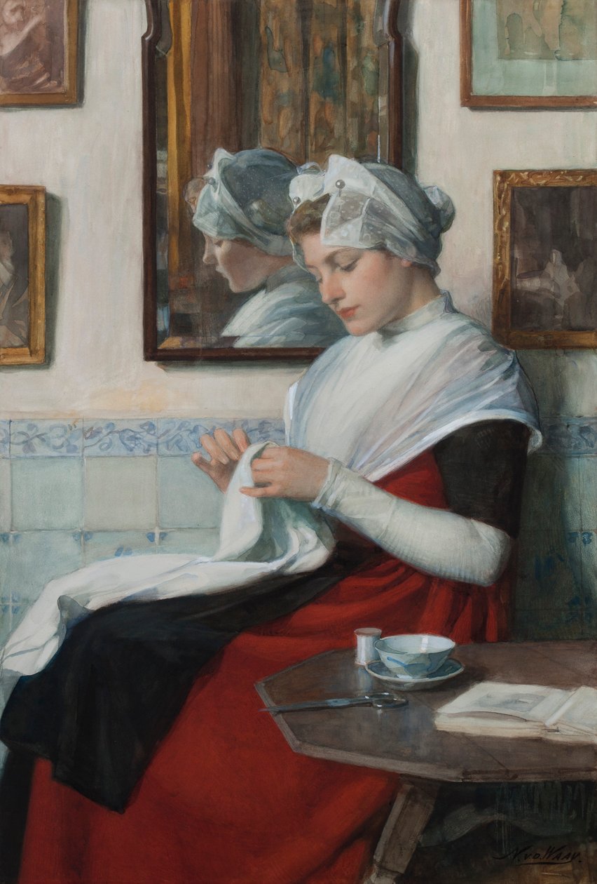 An Amsterdam Orphan Girl Sewing, c.1890 (wc nedlagd på kartong) av Nicolaas van der Waay