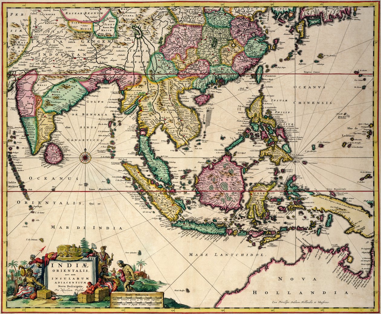 Allmän karta som sträcker sig från Indien och Ceylon till nordvästra Australien genom södra Japan, Filippinerna, den malaysiska halvön och den indonesiska skärgården av Nicolaes Jansz Visscher