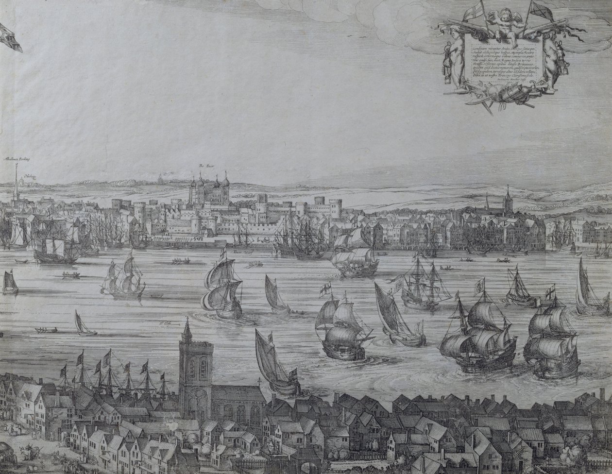 Panorama över London och Themsen, del fyra som visar tornet och kyrkan St. Olave, ca 1600 (se även 7214 och 64731-2) av Nicolaes Jansz Visscher