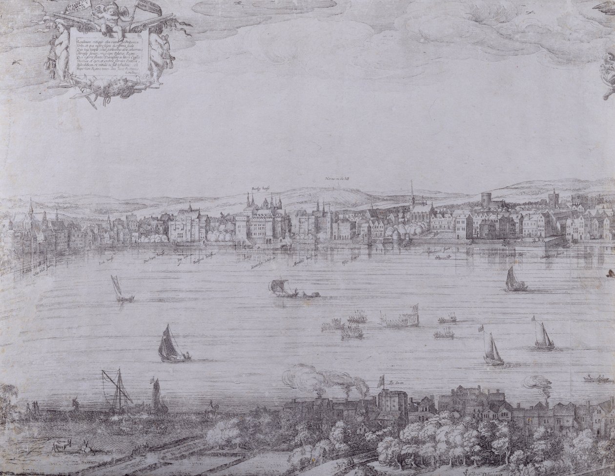 Panorama över London och Themsen, del ett som visar från Whitehall till Blackfriars, ca 1600 (se även 7214 och 64730-31) av Nicolaes Jansz Visscher