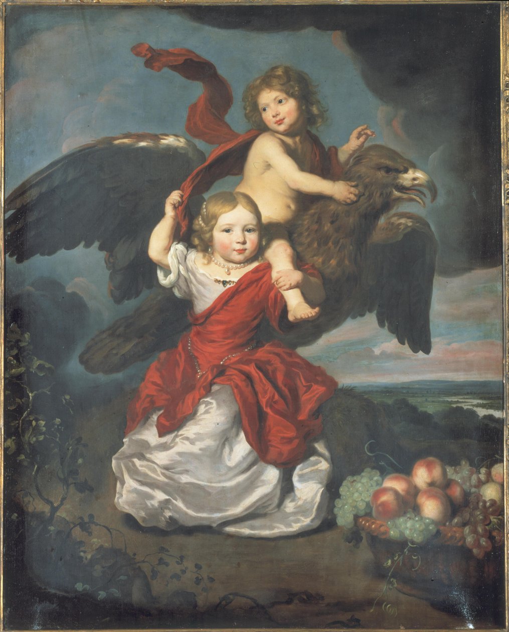 Dubbelporträtt av en pojke och en flicka som Ganymedes och Hebe i ett landskap av Nicolaes Maes