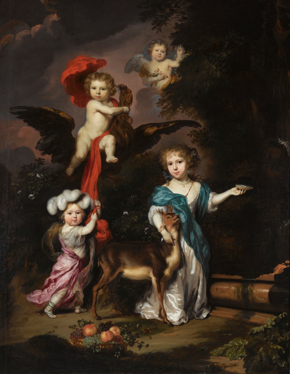 Porträtt av fyra barn som Ceres, Ganymedes, en kerub och Diana av Nicolaes Maes