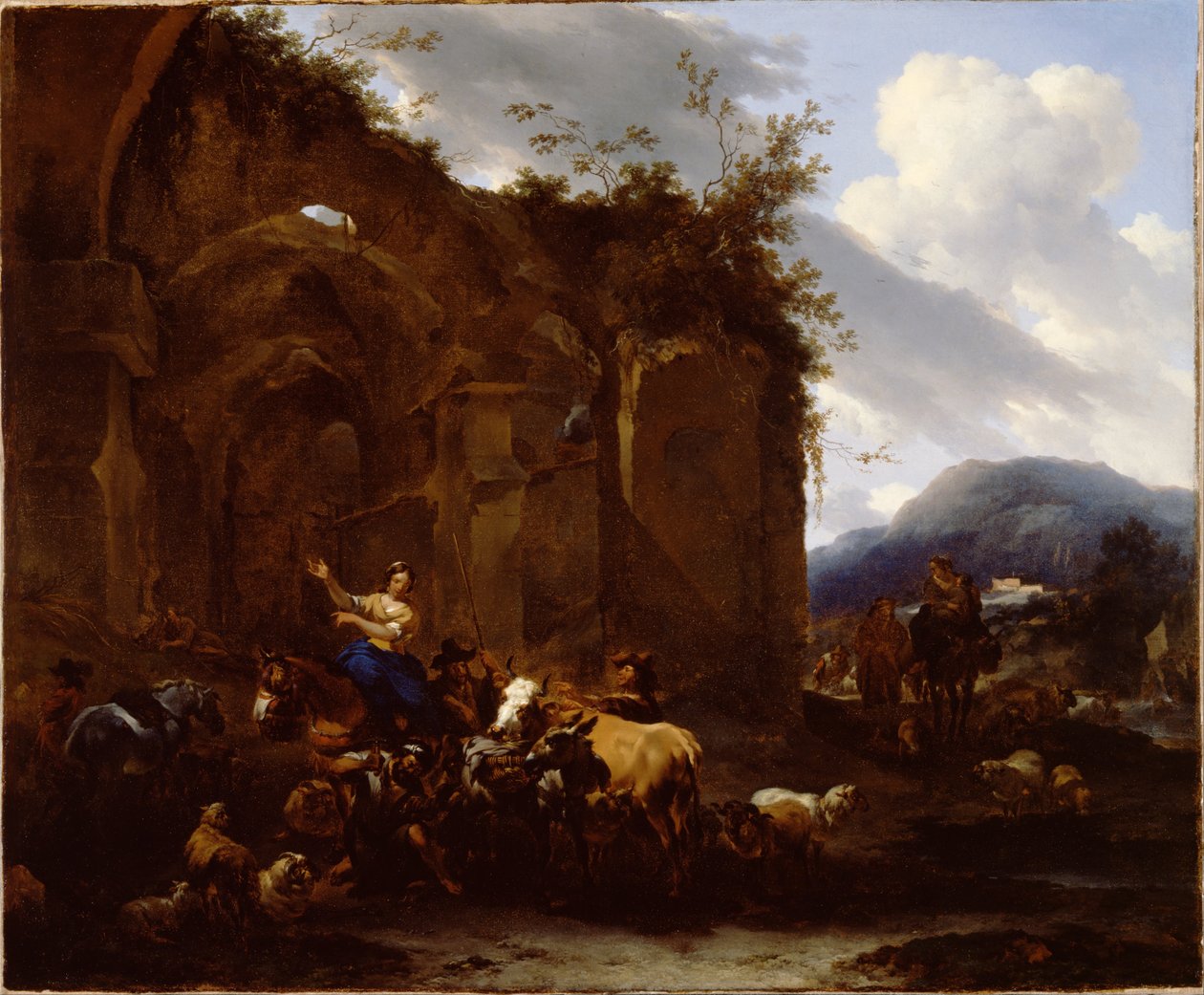 En hovslagare och bönder nära romerska ruiner av Nicolaes Pietersz. Berchem