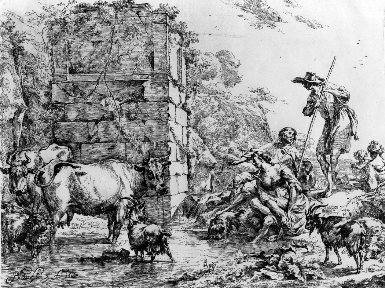 Kor och getter som dricker vid en damm av Nicolaes Pietersz. Berchem