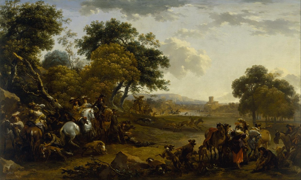 Landskap med ett jaktparti av Nicolaes Pietersz. Berchem