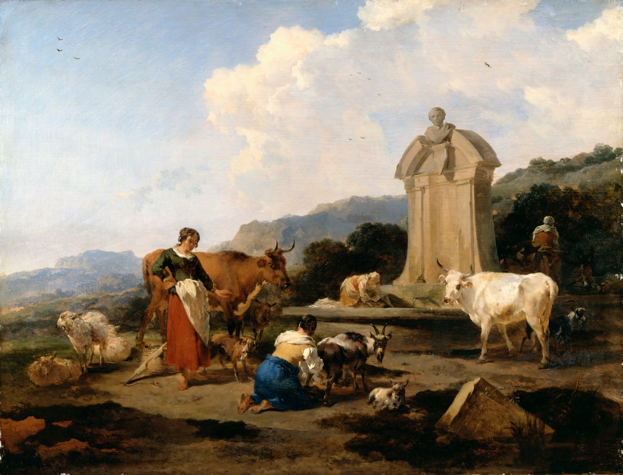 Romerska fontänen med nötkreatur och figurer (Le Midi) av Nicolaes Pietersz. Berchem