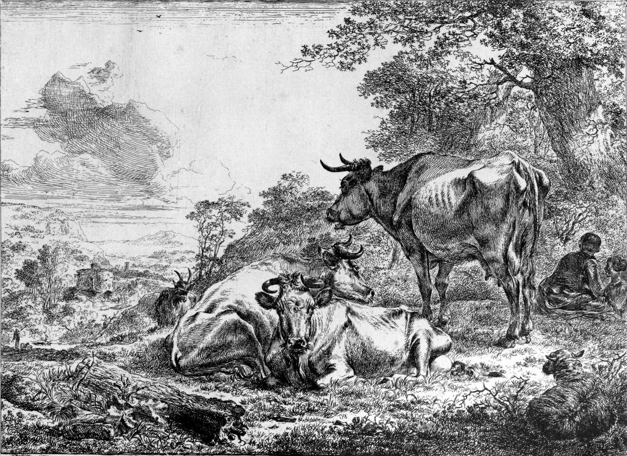 Tre køer swed av Nicolaes Pietersz. Berchem