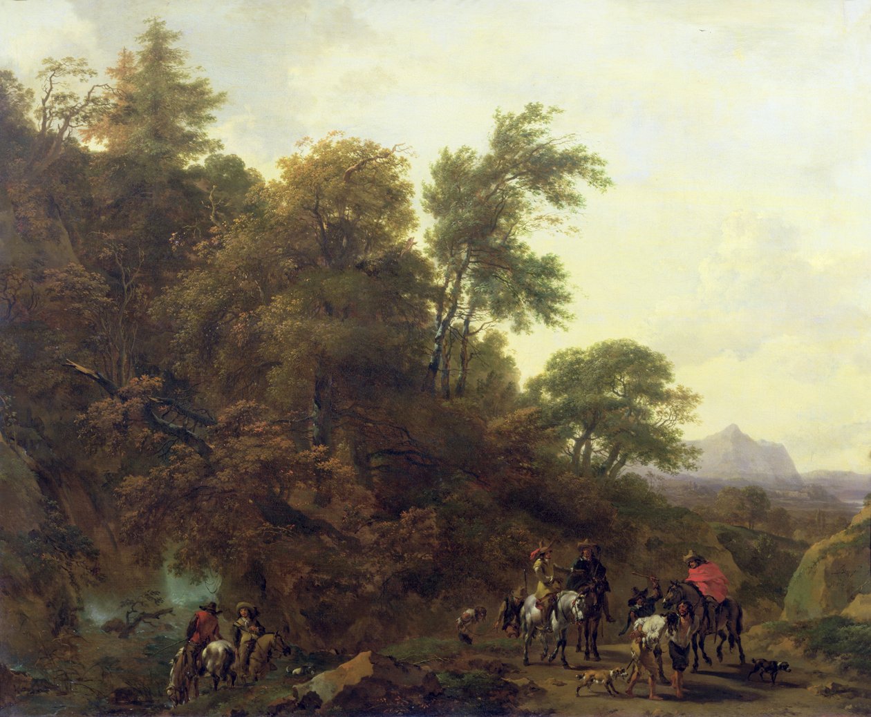 Skogbevuxen landskap med soldater som eskorterar fångar, 1656 av Nicolaes Pietersz. Berchem