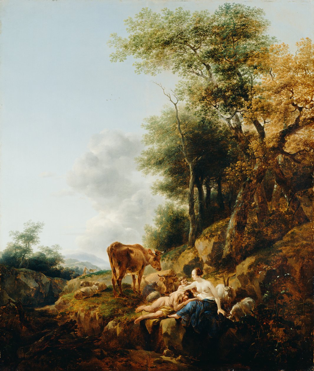 Landskap med en nymf och en satyr av Nicolaes Pietersz. Berchem