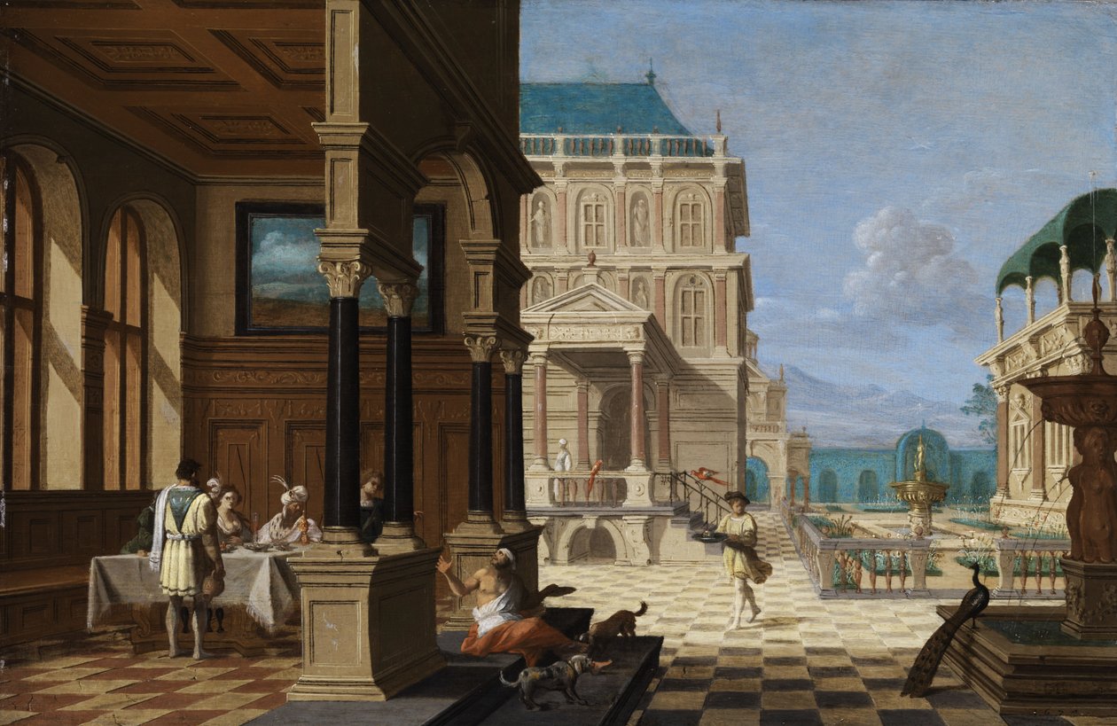 Palace courtyard with loggia and Figures av Nicolaes de Giselaer
