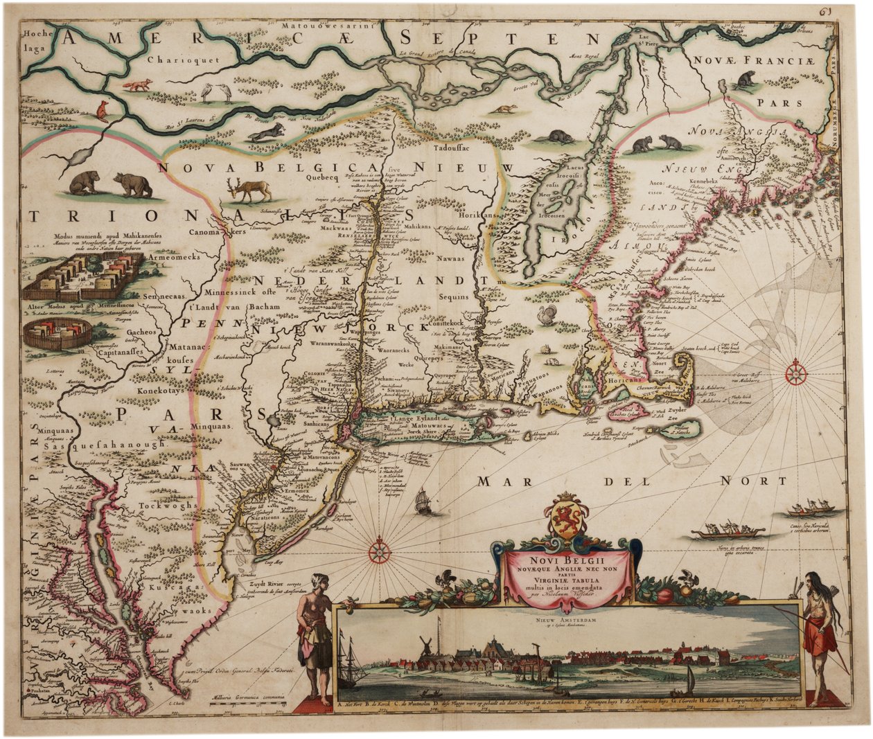 Novi Belgi Novaeque Angliae [Nya Nederland och Nya England], 1682 (handfärgad gravyr) av Nicolaes the Younger Visscher