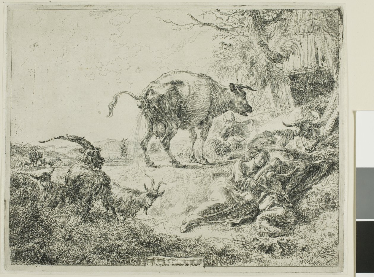 Ko som lindrar sig själv av Nicolaes Berchem