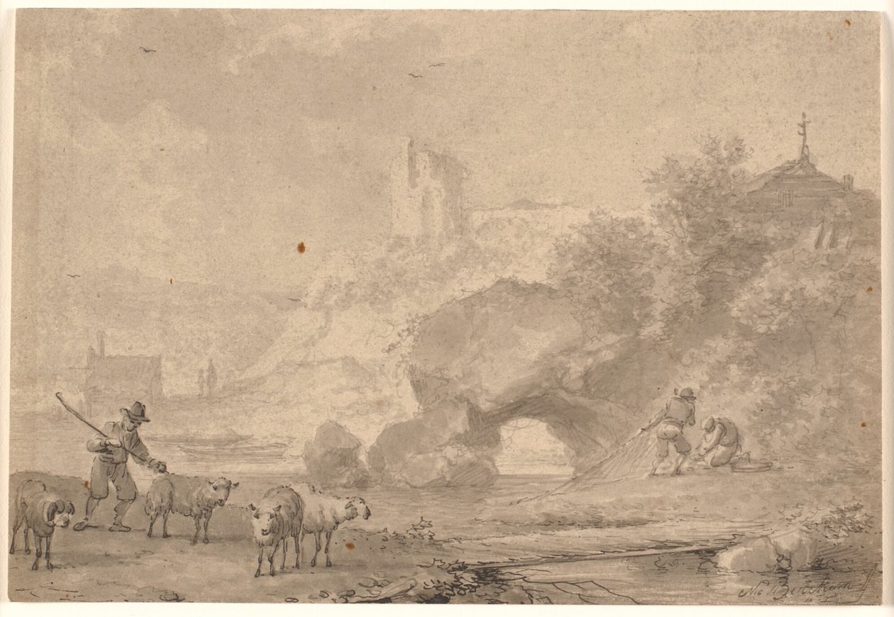 Herde och fiskare i ett sydligt flodlandskap av Nicolaes Berchem