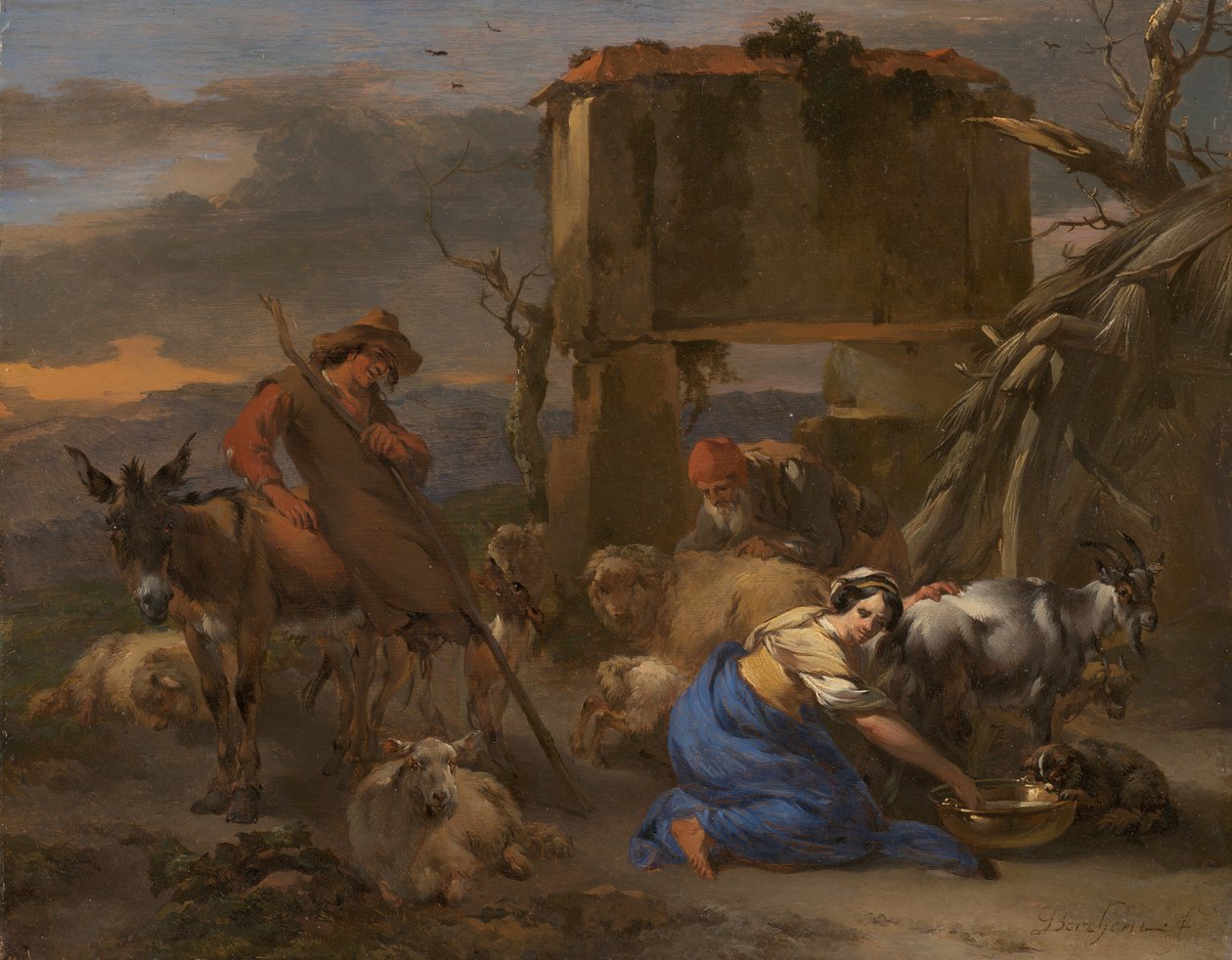 Pastoral scen med en herdinna som mjölkar en get, 166570. av Nicolaes Berchem