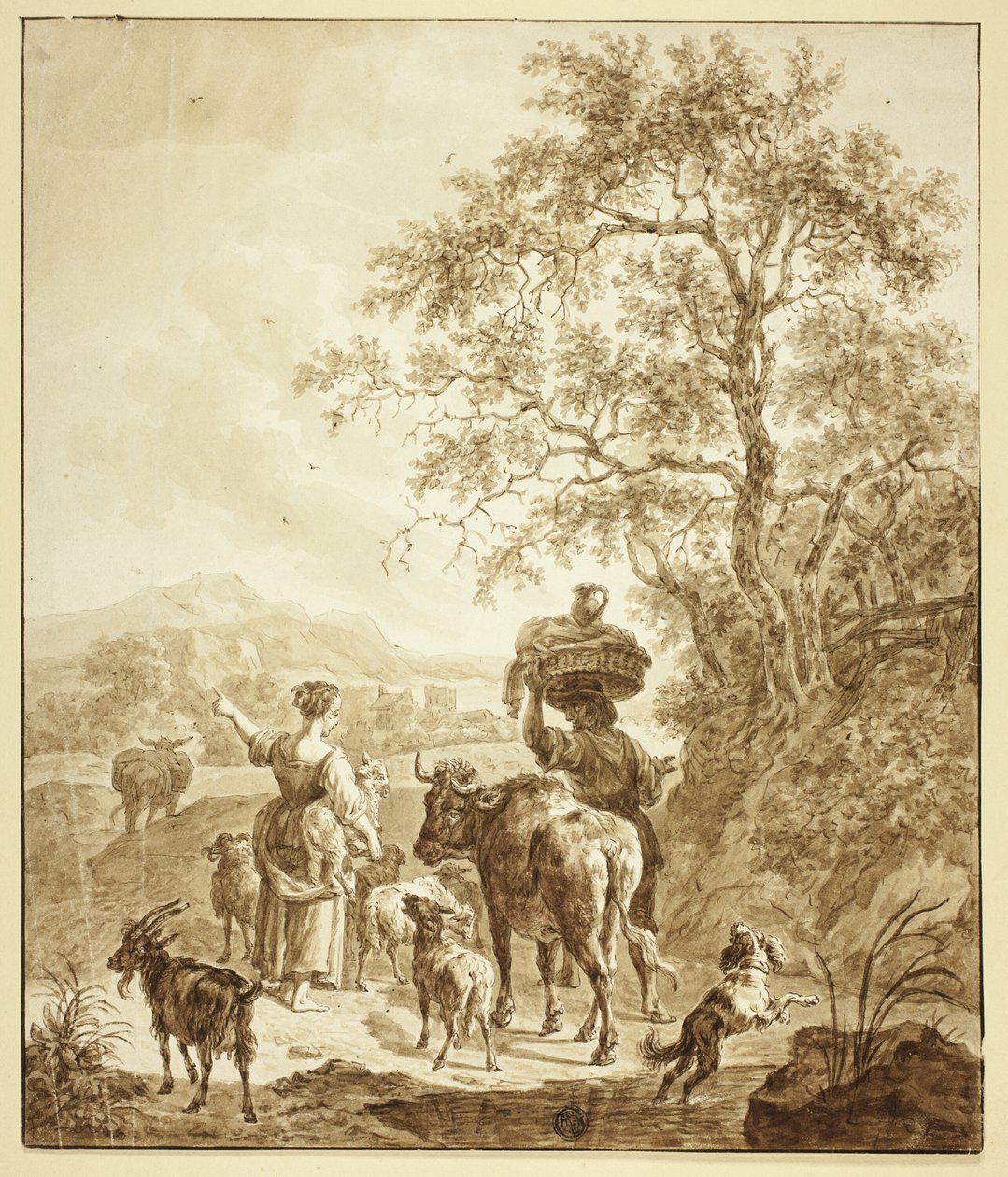 Herdinna och bonde med flock i italienskt landskap av Nicolaes Berchem