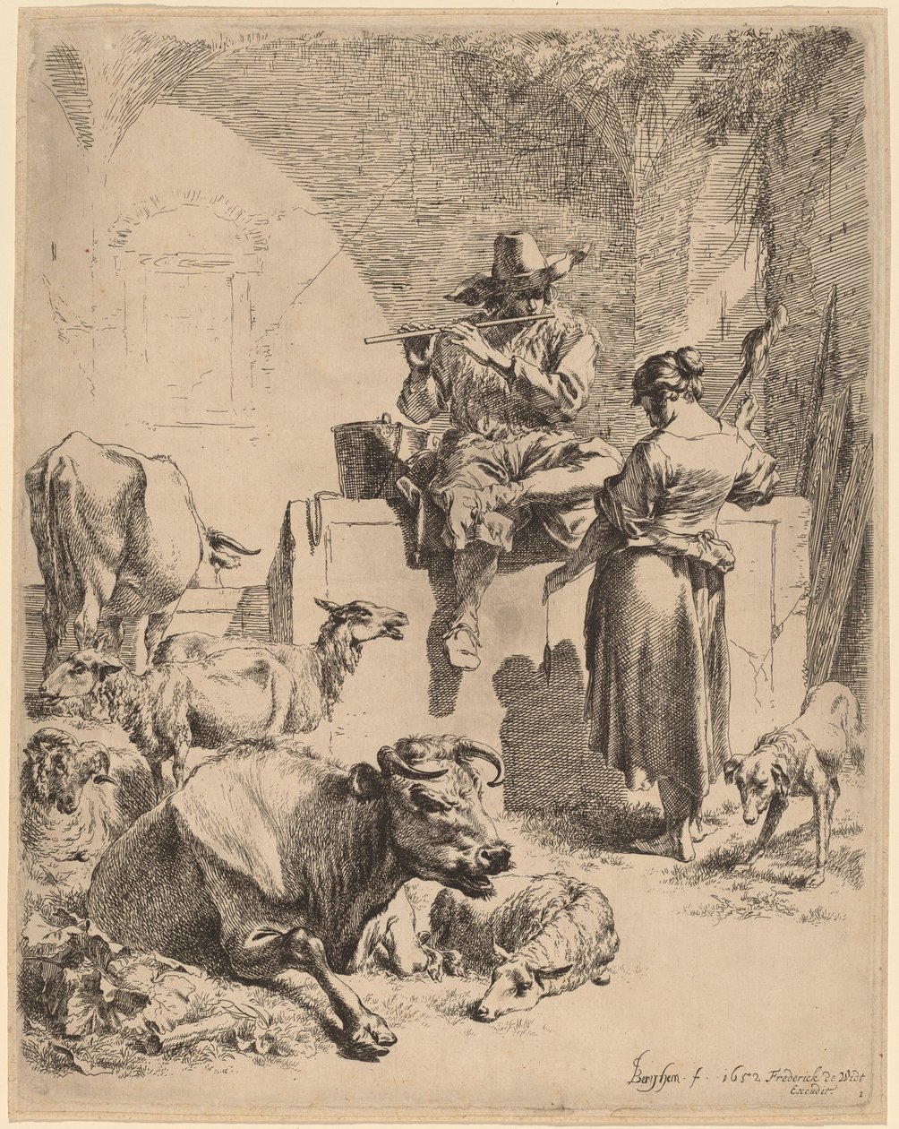 Herden sitter på en fontän och spinnaren, 1652. av Nicolaes Berchem
