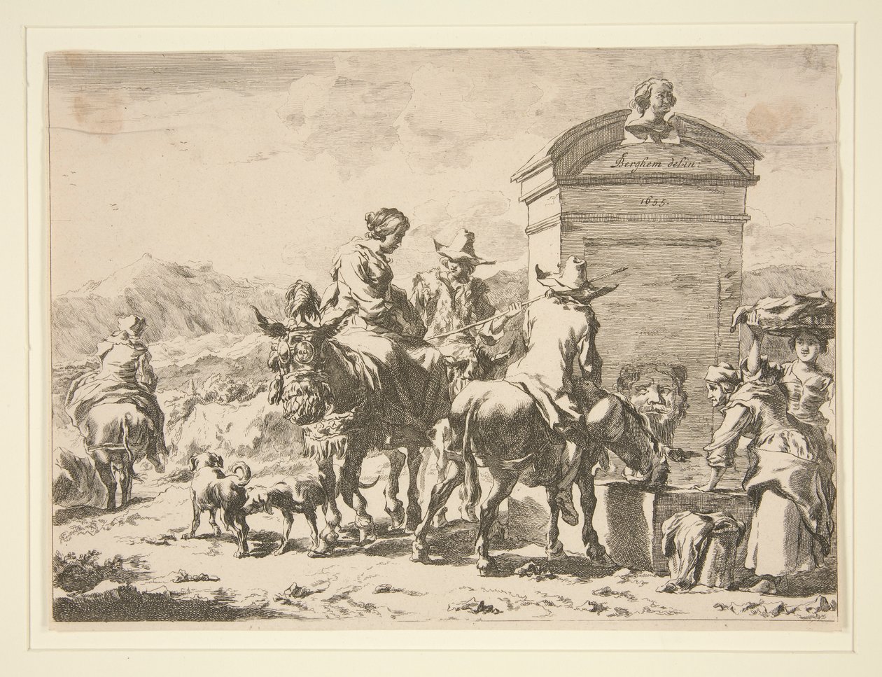 Untitled - Genrescen med människor på åsnor och en gravsten av Nicolaes Berchem