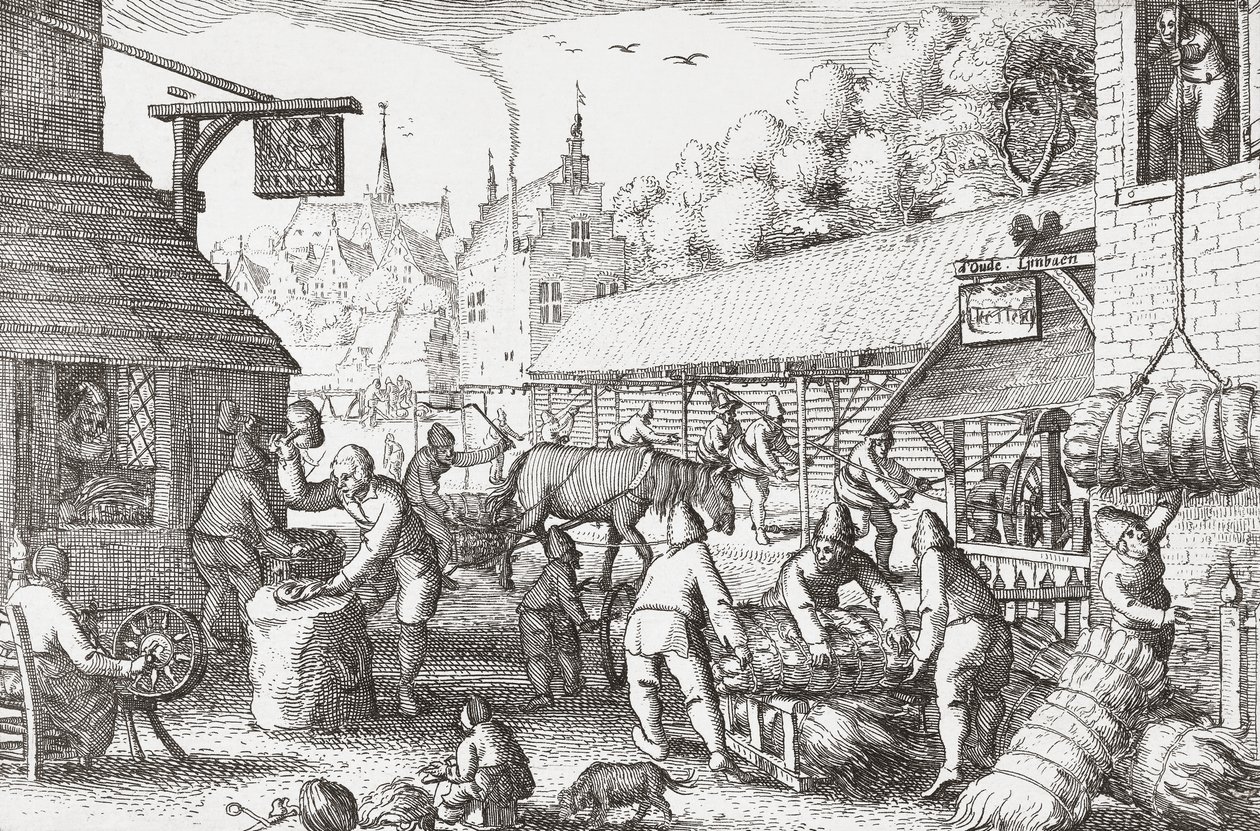 Holländska bybor från 1600-talet som tillverkar rep av Nicolaes Jansz Visscher