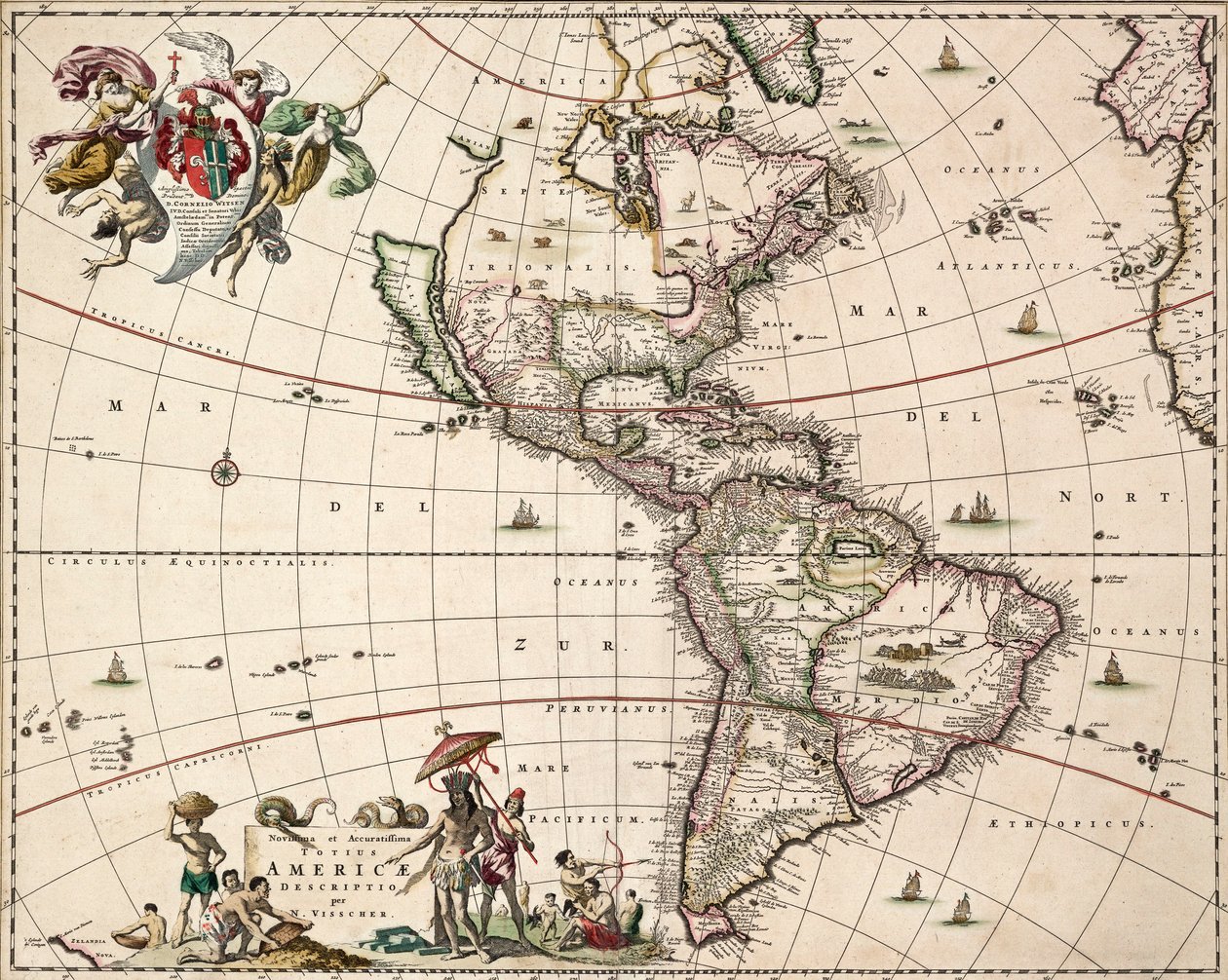 Karta över Nord- och Sydamerika, ca 1671 (kolorerad gravyr) av Nicolaes Jansz (1586 1652) Visscher