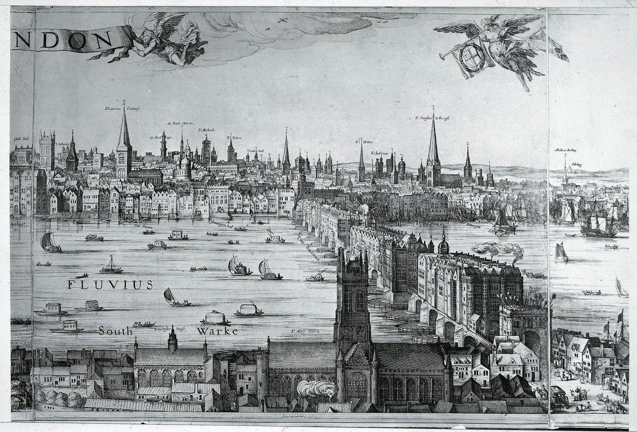 Storbritannien, England, utsikt över staden London med London Bridge av Nicolaes Jansz (1586 1652) Visscher