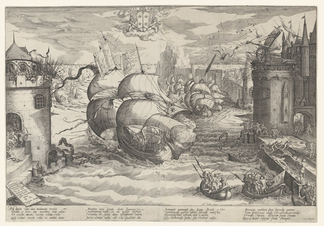 Att ta Damiate och övervinna kedjan, 1219 av Nicolaes Jansz. Clock