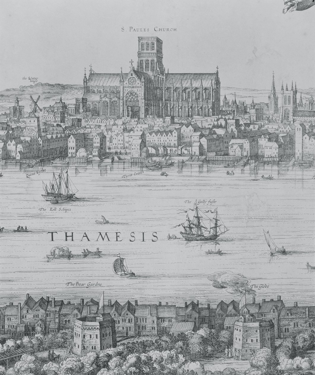 Panorama över London och Themsen, detalj från del två som visar St. Pauls Cathedral och Globe Theatre, c.1600 gravyrdetalj av 7214 av Nicolaes Jansz Visscher