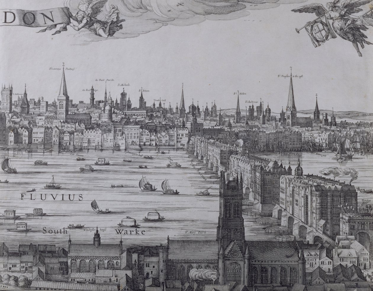 Panorama över London och Themsen, del tre som visar Southwark, London Bridge och kyrkorna i staden, ca 1600 (se även 7214, 64730 och 64732) av Nicolaes Jansz Visscher