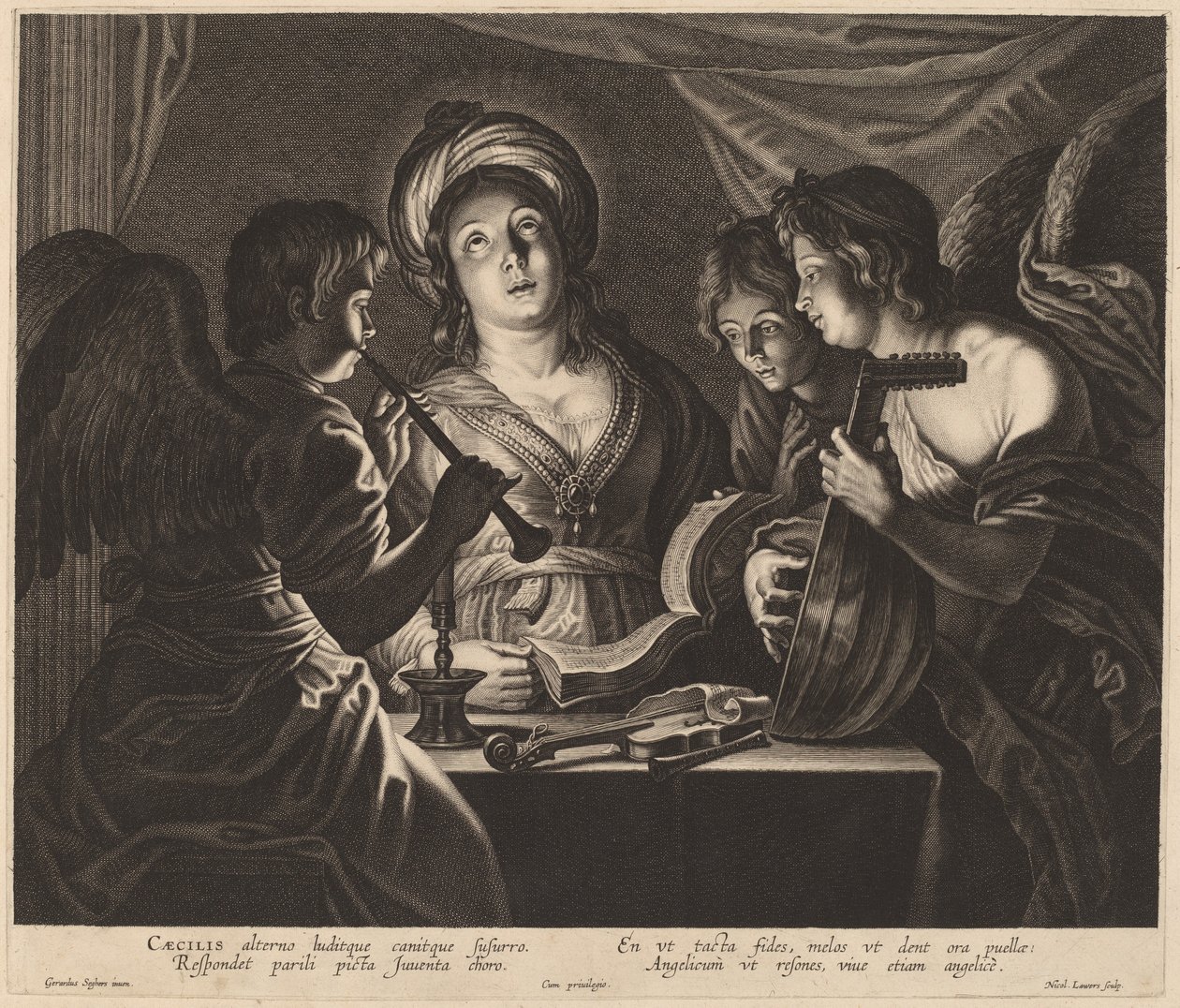Saint Cecilia ackompanjerad av himmelska musiker av Nicolaes Lauwers after Gerard Seghers