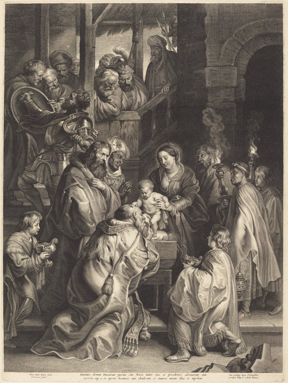Tillbedjan av Magi med facklor av Nicolaes Lauwers, after Sir Peter Paul Rubens