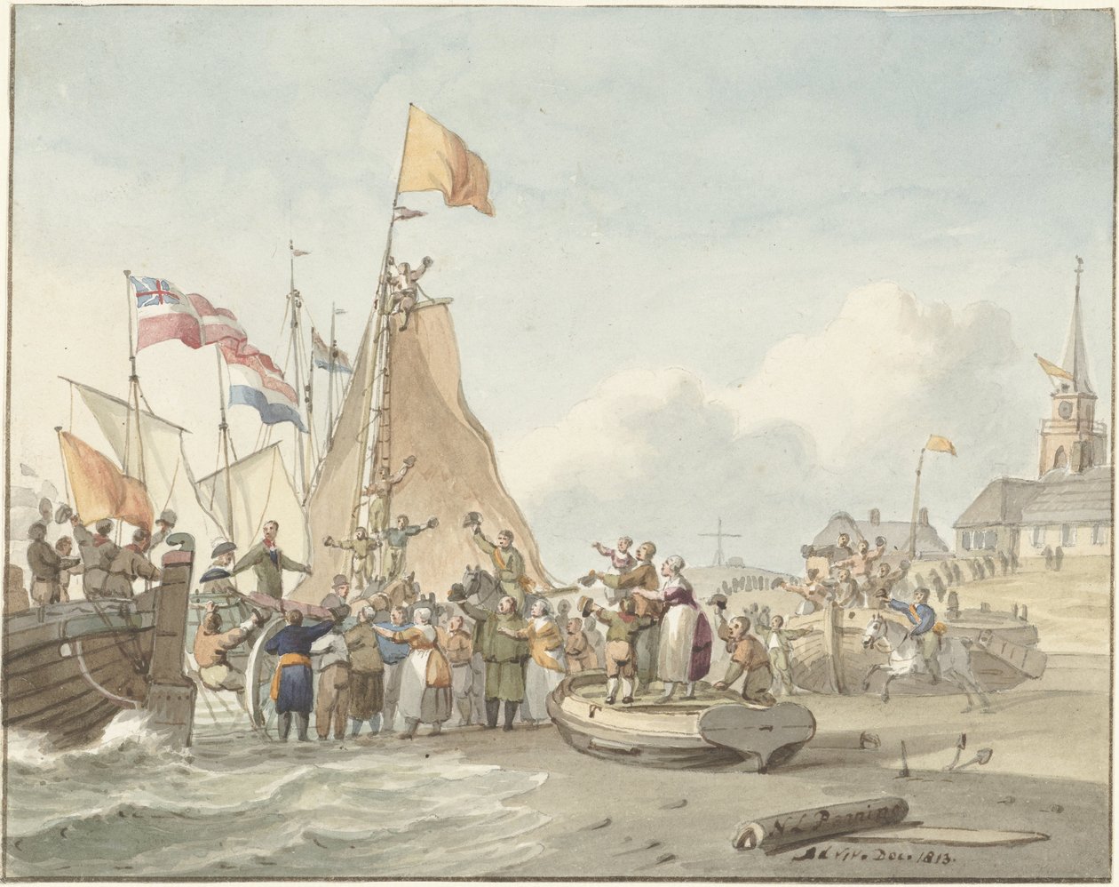 Prins Willem Frederiks ankomst till Scheveningen den 30 november 1813 av Nicolaes Lodewick Penning (signed by artist)