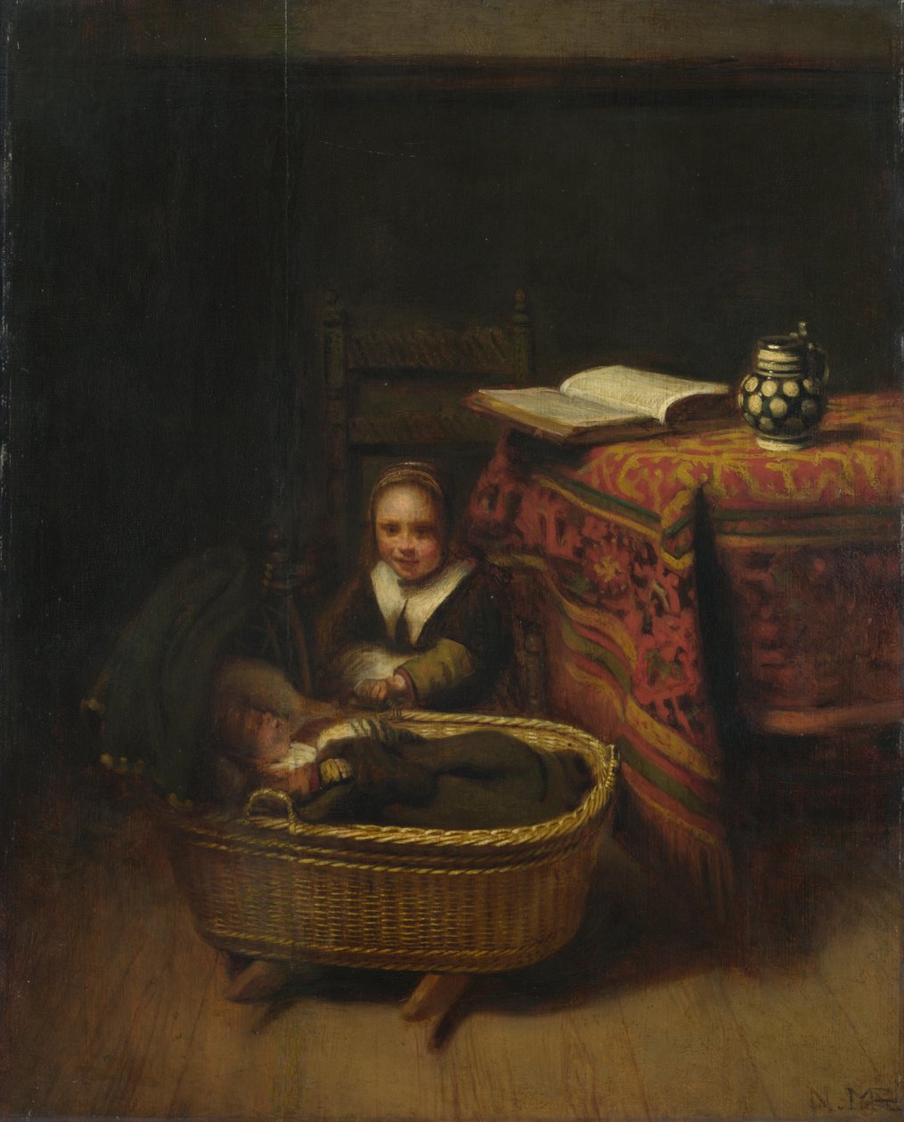 En liten flicka som vaggar en vagga, ca. 1655 av Nicolaes Maes
