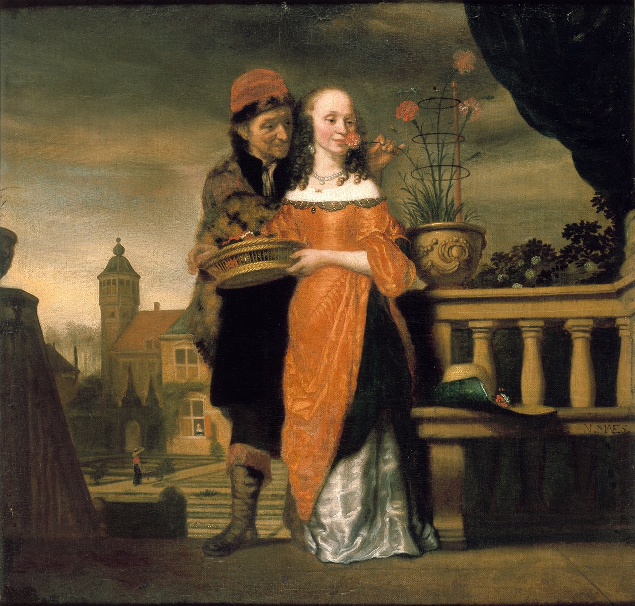 En man som håller en nejlika mot en kvinnas näsa: An Allegory of the Sense of Smell, före 1660 av Nicolaes Maes