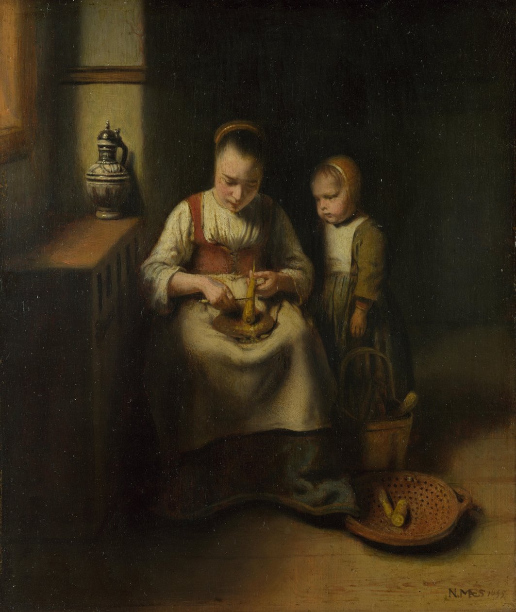 En kvinna som skrapar palsternacka, med ett barn stående vid henne, 1655 av Nicolaes Maes