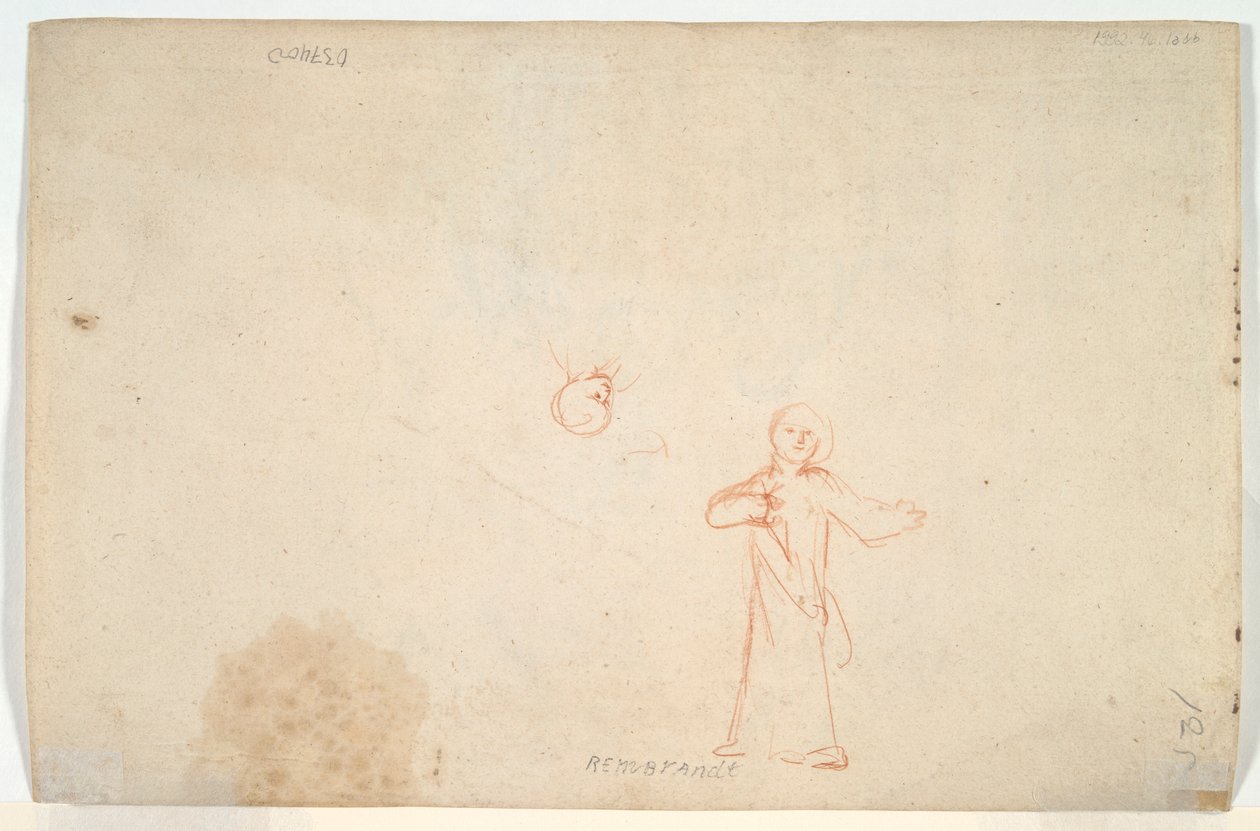 Abraham som underhåller änglarna (rekto); Kvinna som står och studerar ett huvud (verso) av Nicolaes Maes